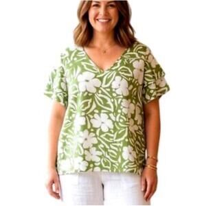 NWT Rachel Zoe Green White Floral Print Flutter Sleeve Blouse Women's Size 2X